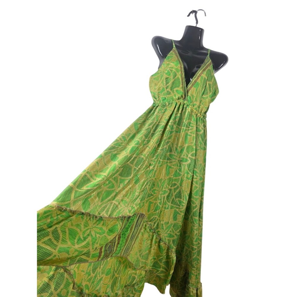 Upcycled‎ Silk Saree Dress Womens OS Green Boho Coastal Summer Ethnic Maxi